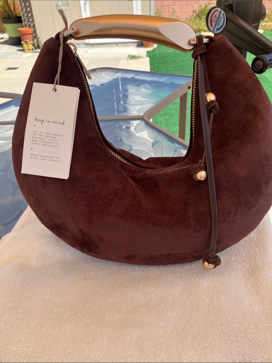 a new day Handbags - a new day Dark Brown Faux Suede Crescent Hobo with Gold-Tone Handle